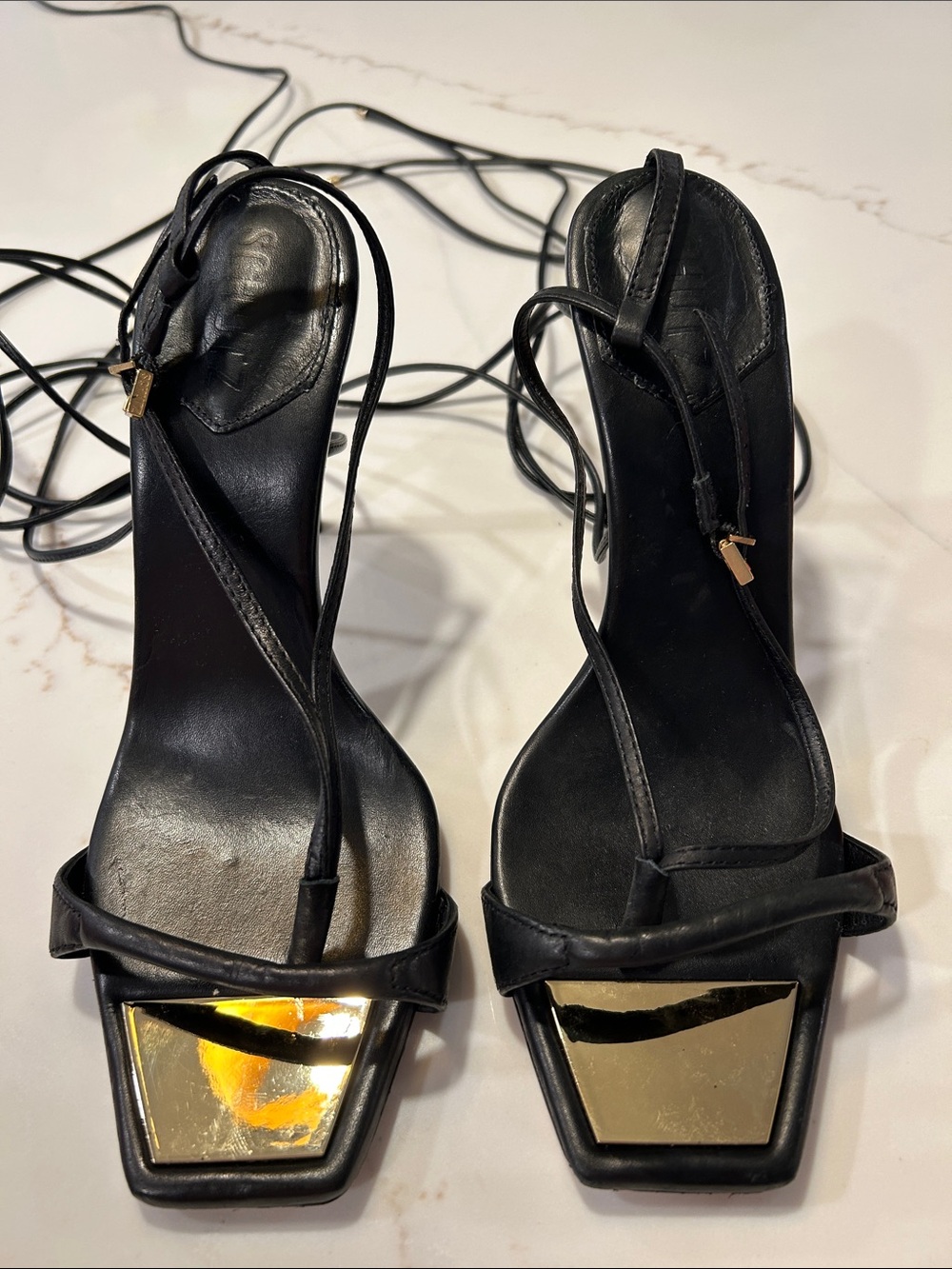 SCHUTZ Black Leather Lace-Up Heels with Gold Toe Plate